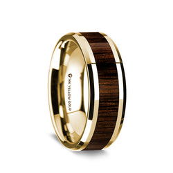 14K Gold men's wedding band with black walnut wood inlay and beveled edges