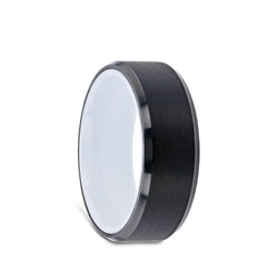 Black Tungsten men's wedding ring, polished beveled edges and brushed center, white interior.