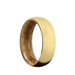 10K, 14K, or 18K Yellow Gold domed men's wedding band with a brushed finish featuring a whiskey barrel wood sleeve. 