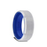 White Tungsten men's wedding ring with brushed center, blue interior, and beveled...