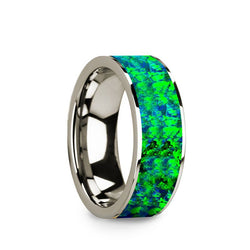14K White Gold flat men's wedding band with blue and green opal inlay. 
