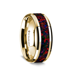 14K Gold men's wedding band with black and red opal inlay and beveled edges