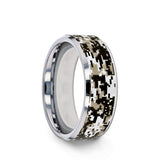 Tungsten Carbide men's wedding ring with engraved digital camo pattern and beveled...