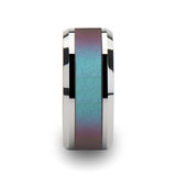 Tungsten wedding band with beveled edges and color changing inlay