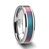 Tungsten wedding band with beveled edges and color changing inlay
