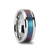 Tungsten men's wedding band with color changing inlay and beveled edges
