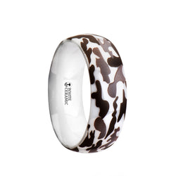 White Ceramic domed wedding ring with black and gray camo pattern