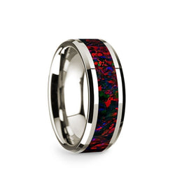 14K White Gold men's wedding band with black and red opal inlay and beveled edges