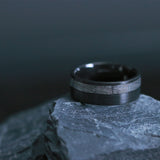 Black Zirconium flat men's wedding band with 3mm of meteorite inlaid off...
