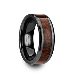 Black Ceramic men's wedding ring with red oak wood inlay and beveled edges