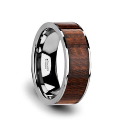 Tungsten Carbide men's flat wedding ring with carpathian wood inlay and polished edges