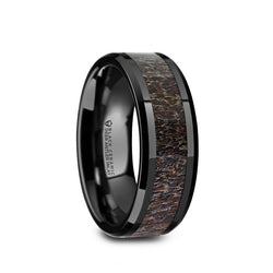 Black Ceramic men's wedding ring with dark brown antler inlay and beveled edges