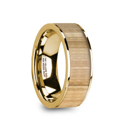 14K Gold flat wedding ring with ash wood inlay.