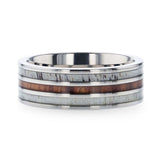 Titanium men's wedding band with double antler inlay, wood center and flat...