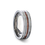 Titanium men's wedding band with double antler inlay, wood center and flat...