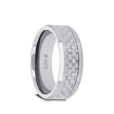 Tungsten men's wedding band with polished finish, beveled edges and white carbon...