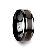 Black Ceramic men's wedding ring with ebony wood inlay and beveled edges
