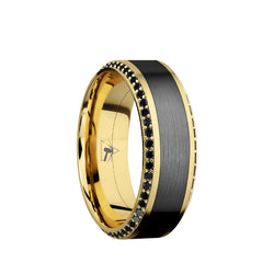 10K Yellow Gold band with a Bevel Eternity Arrangement of .01 carat Round Black Diamond stones in a Bead setting and featuring one 4mm Centered inlay of Zirconium.