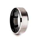 White Tungsten men's wedding ring with brushed center, black interior and beveled...