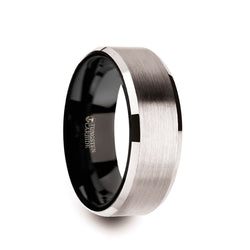White Tungsten men's wedding ring with brushed center, black interior and beveled edges