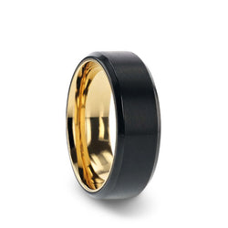 Black Tungsten wedding band with brushed black center, gold plated sleeve and beveled edges.