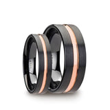 Black Ceramic matching wedding rings with brushed finish and rose gold groove....