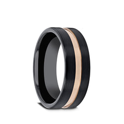 Black Ceramic men's wedding ring with brushed finish, rose gold groove and flat edges