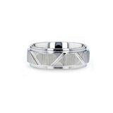 Tungsten men's wedding ring with triangle angle grooves and raised center.