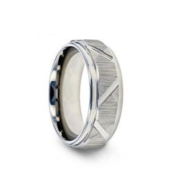 Tungsten men's wedding ring with triangle angle grooves and raised center.