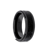 Ceramic men's wedding band with black and gray lava rock stone inlay...