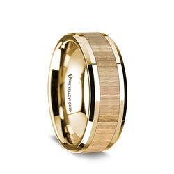 14K Gold men's wedding band with ash wood inlay and beveled edges.