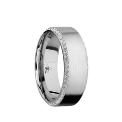 14K White Gold men's wedding band with bevel eternity arrangement of .01 carat diamonds in a bead setting featuring a satin finish.