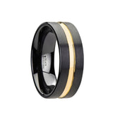 Black Ceramic men's wedding ring with yellow gold groove and brushed finish
