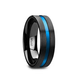 Black Ceramic flat men's wedding ring with polished blue stripe.