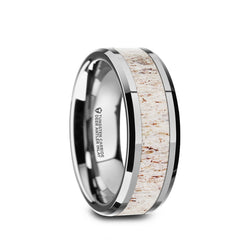Tungsten men's wedding band with off-white deer antler inlay and beveled edges