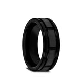 Tungsten Carbide men's wedding ring with brushed black center and alternating grooves