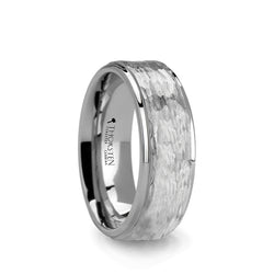 White Tungsten men's wedding ring with hammered center, polished finish and stepped edges. 