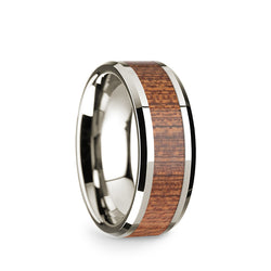 14K White Gold men's wedding band with cherry wood inlay and beveled edges.