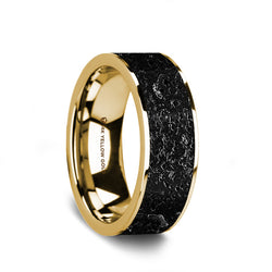14K Gold flat wedding band with black and gray lava rock stone inlay