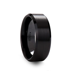Black Ceramic men's wedding ring with brushed finish and beveled edges