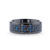 Black Titanium wedding ring with black and blue carbon fiber inlay and...