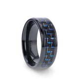 Black Titanium wedding ring with black and blue carbon fiber inlay and...
