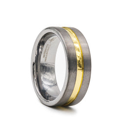 Tungsten Carbide pipe cut men's wedding ring with brushed finished and yellow gold plated groove.