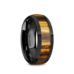 Black Ceramic domed men's wedding ring with zebra wood inlay and polished finish
