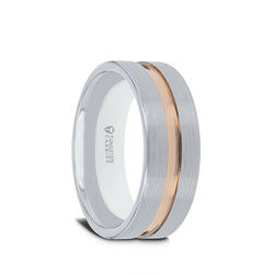 Tungsten Carbide pipe cut men's wedding ring with brushed finished and rose gold plated groove
