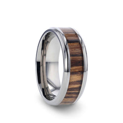 Titanium men's wedding ring with zebra wood inlay and beveled edges. 